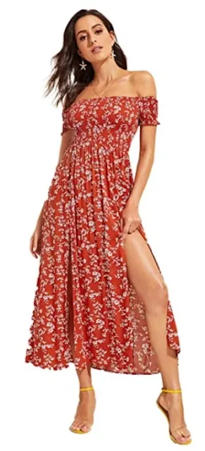 Floerns Women's Boho Floral Print Off Shoulder Split Long A Line Dress