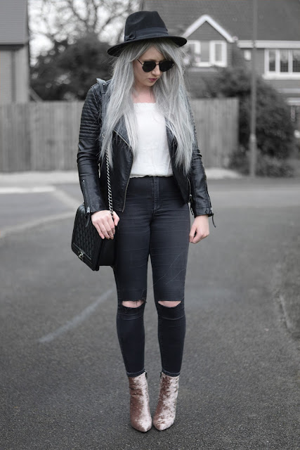 Sammi Jackson - Black Primark Fedora, Zaful Sunglasses, Topshop Biker Jacket, VIPme Off Shoulder Chiffon Ruffle Top, Topshop Ripped Knee Joni Jeans, Oasap Faux Leather Quilted Bag, Dresslink Pink Crushed Velvet Boots