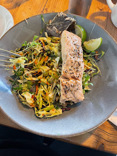 A bowl of salad - sliced cabbage, carrots, cucumber, leaves, and onions - with a salmon fillet placed on top.