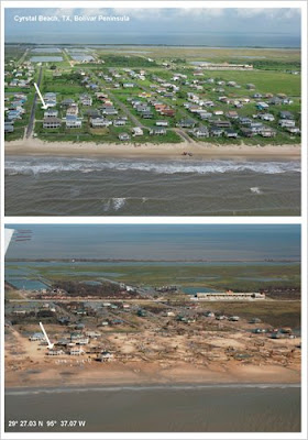 Crystal Beach, Texas on the Bolivar Peninsula, before and after Hurricane Ike
