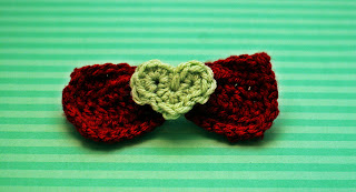Crochet Bow and Heart Barrette Deep Red and Aqua