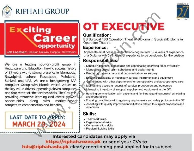 Riphah Group Jobs In  Rawalpindi  2024