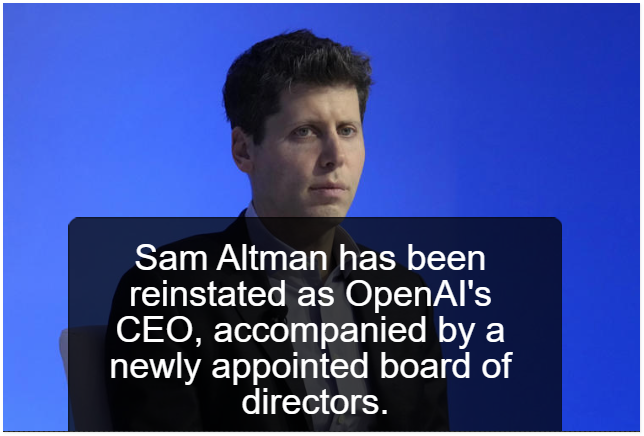 Sam Altman has been reinstated as OpenAI's CEO, accompanied by a newly appointed board of directors.