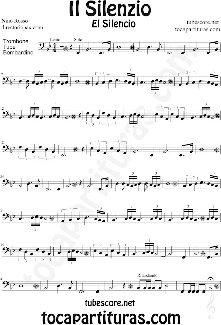 Partitura de El Silencio para Trombón, Tuba Elicón y Bombardino Silence Sheet Music for Trombone, Tube, Euphonium Il Silenzio Music Scores