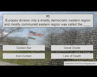 Europe’s division into a mostly democratic western region and mostly communist eastern region was called the ____. Answer choices include: Golden Bar, Great Divide, Iron Curtain, Line of Death