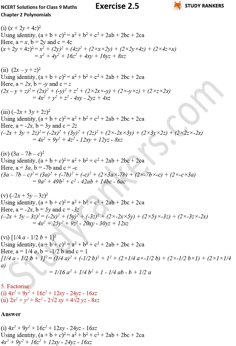 Ncert Solutions For Class 9 Maths Chapter 2 Polynomials Exercise 2 5