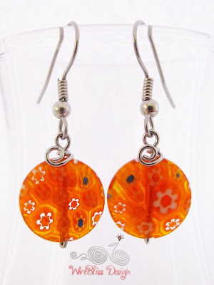 Large glass dangle earrings by WireBliss - orange millefiori glass beads