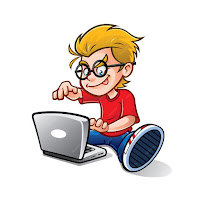 Funny cartoon nerd geek typing on laptop