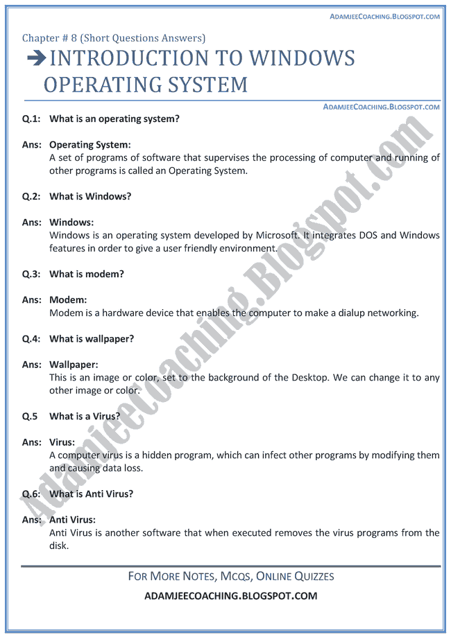 Introduction-To-Windows Operating System-Short-Question-Answers-Computer-IX