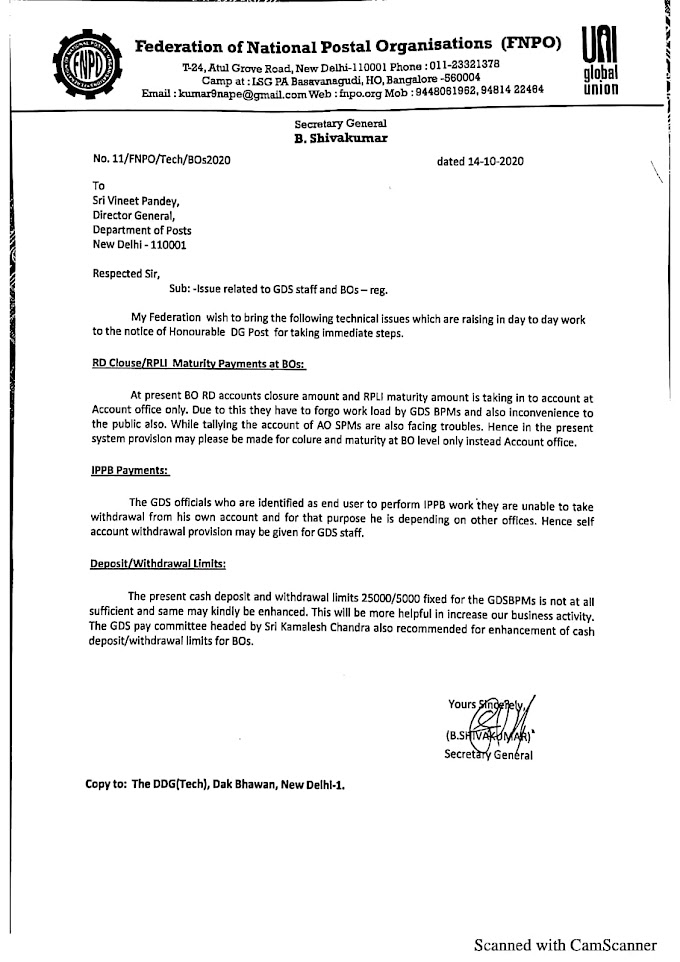 SG FNPO Letter to DG Posts : Issues related to  GDS staff and BOs.