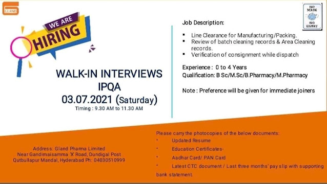 Job Availables, Gland Pharma Walk In Interview For Fresher & Experienced BSc/ MSc/ M.Pharm/ B.Pharm