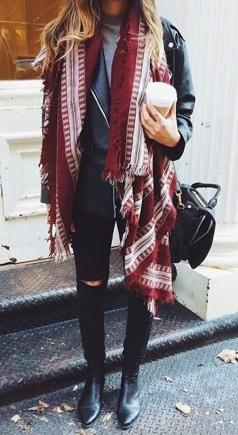 cute street style / scarf + moto jacket + sweatshirt + black rips + boots + bag