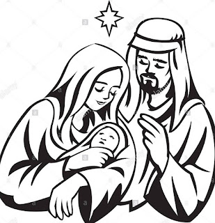 Imagen en blanco y negro: A la izquierda, María mira con dulzura a su hijo que duerme en sus brazos. A la derecha, José abrazando a María, lo contempla. Arriba de los 3, la estrella de Belén.