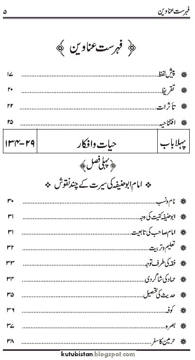 contens of Imam Abu Hanifa Sawanih-o-Afkar Urdu book