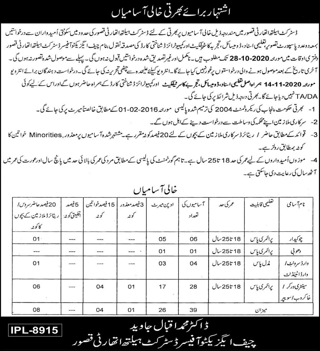 New Jobs In District Health Kasoor 2020