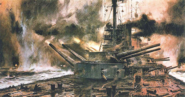 Claus Bergen, a German war ship firing guns in war