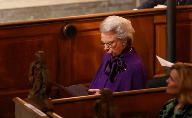 Danish Princess Benedikte wore a purple cape coat and purple dress at Holmens Kirke