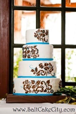 Brown and Baby Blue Floral Wedding Cake