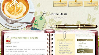 Coffee Desk - Free Blogger Template - 3 column, fixed width, 2 right sidebars, customized date feature, navigation menu, notebook style post section, rss subscribe button in footer, green, light, desktop theme, coffee theme