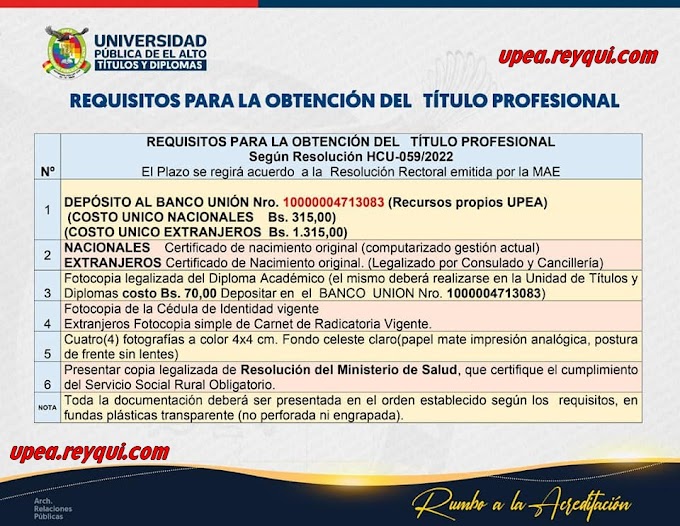 UPEA: Requisitos para la obtención de título profesional