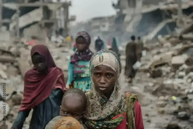 Displaced mother and child in war zone