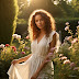 Golden Hour Beauty – A Woman in White Amidst a Blooming Garden