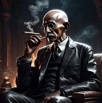 Gandhi wearing a black leather suit sitting in a chair and smoking a cigar