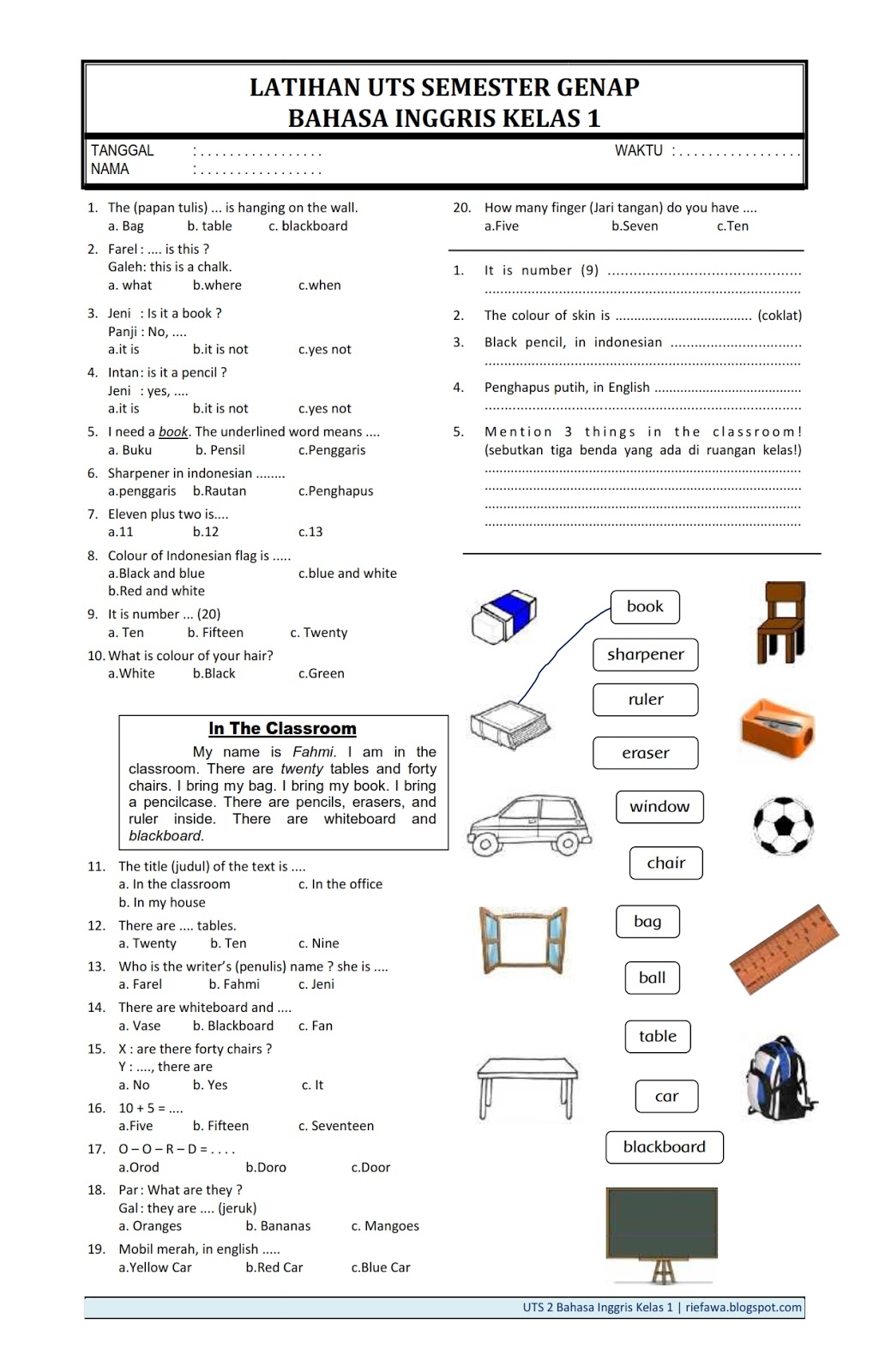 Download Soal  UTS Genap Kelas  1 SD MI Semester  2  T A 2020 