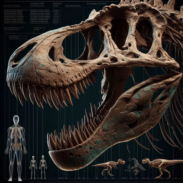 gambar Ilustrasi Fosil Dinosaurus Tiranosaurus Rex dibandingkan dengan ukuran tubuh manusia sekarang