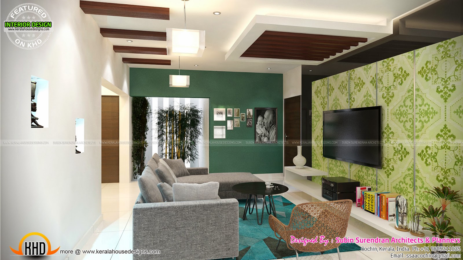 TV room, living, bedroom, kitchen interior - Kerala home design and