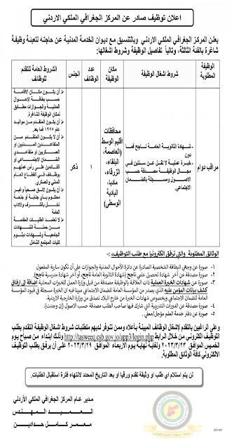 اعلان وظائف شاغرة بالفئة الثالثة صادرعن المركز الجغرافي الملكي الأردني