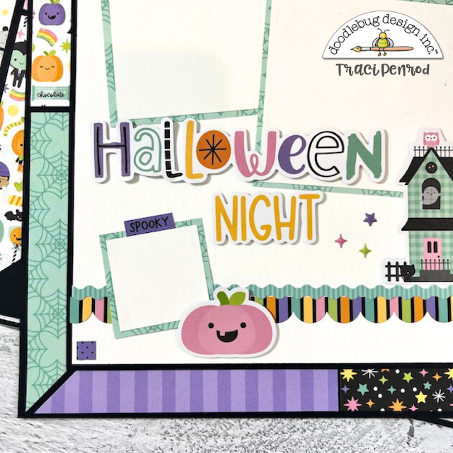12x12 Halloween Scrapbook Page Layout with pumpkins, stars, and a haunted house