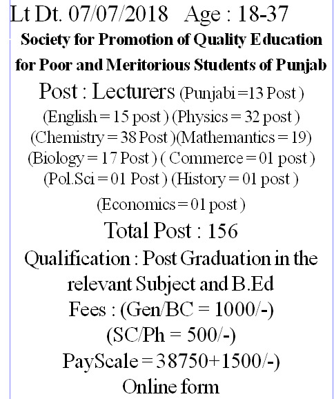 Public Notification Regarding Education Recruitment Board Meritorious Society 156 Lecturer posts.