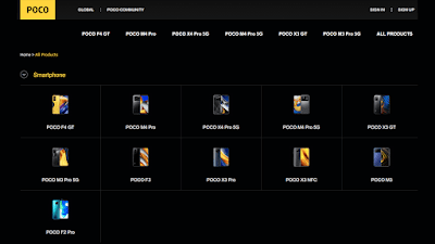 「POCO」のグローバル向けサイトで公開されているスマホのラインナップ