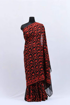 Black Color Kashmiri Work With Red Thread Work Saree