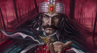 An image of a historical Vlad Dracula on a fuschia field of impaling stakes in a oil painting style. Deviant-ART for the win.