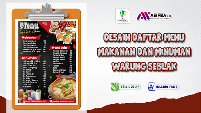 FREE CDR Desain Menu Makanan dan Minuman Warung Makan Seblak Akbar: File CorelDRAW X7 Editable!/Asifba Art