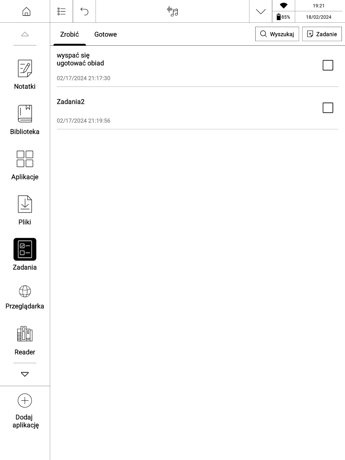 Aplikacja Zadania na PocketBook InkPad X Pro