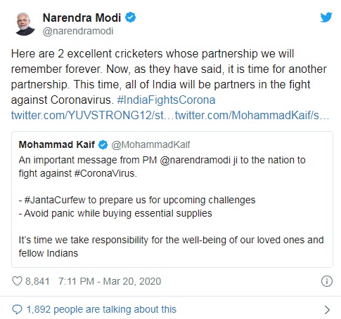  PM thanks people for supporting the cause of Sunday's Janata Curfew