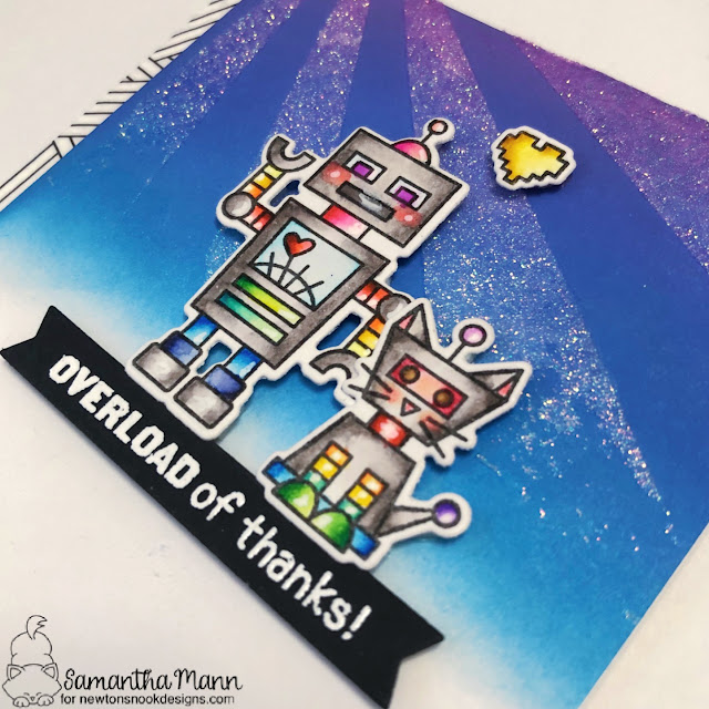 Overload of Thanks Card by Samantha Mann | Love Bots Stamp Set, Sunscape Stencil, and A7 Frames & Banners Die Set by Newton's Nook Designs #newtonsnook