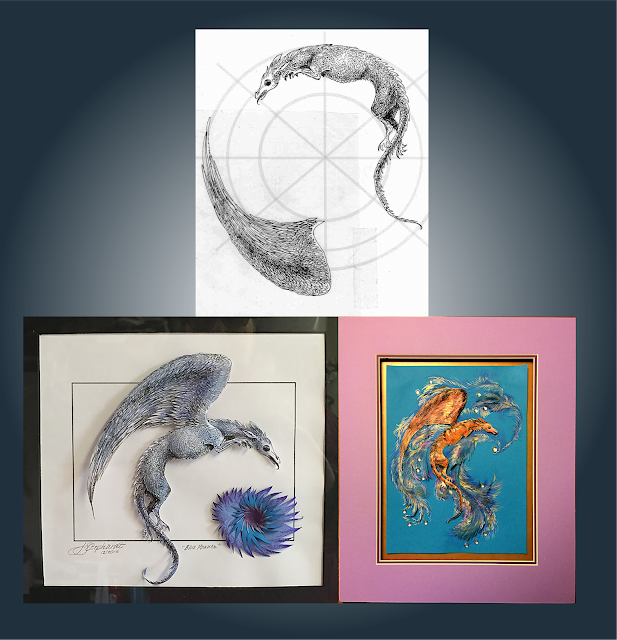 The first dragon of the pair: top, the original 2014 drawing on a circle. L-R below: The first of several compositions to “star” this dragon was “Blue Pounce,” 2016. Another variation is “Aka-Bekko Dragon,” 2017, featuring iridescent paint and a scale pattern based on koi fish.