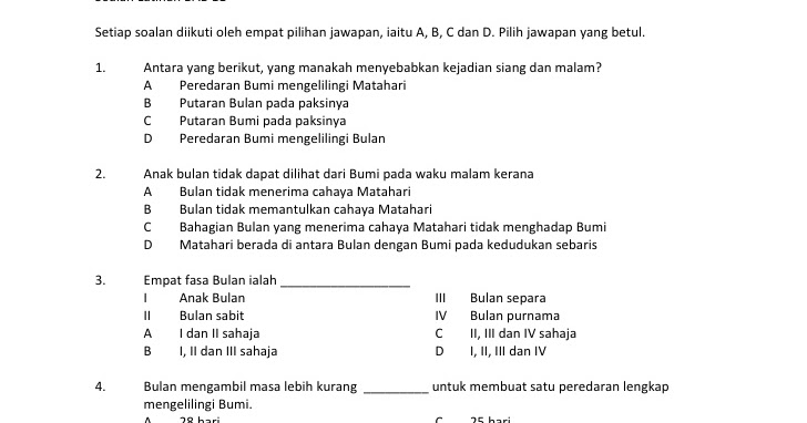 DUNIA SAINS TAHUN 5: Latihan Unit 11: Bumi, Bulan dan Matahari