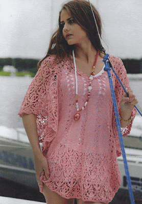 Летний пуловер с ажурными рукавами и каймой крючок