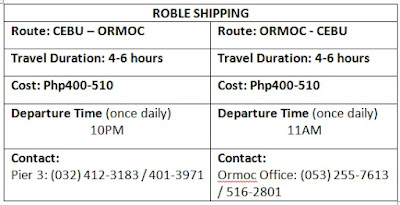 Roble shipping schedule, fare rates cost duration travel time cebu ormoc