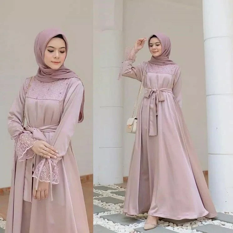 7 Model Gamis Brokat Kombinasi Yang Modern Dan Anggun - Baju gamis brokat kombinasi satin