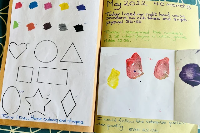 Pages from a nursery scrapbook with EYFS evidence on child's development