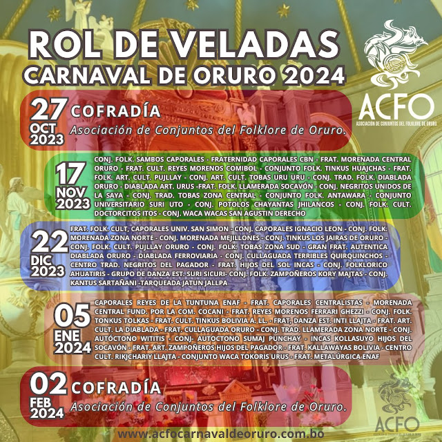 Rol de Veladas del Carnaval de Oruro 2024