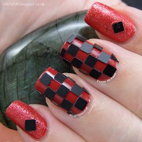 Red and black checkered nail art using square matte glitters from born pretty store.