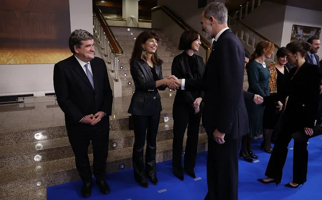 Paco Rabanne velvet trousers. Queen Letizia wore a black velvet blazer with satin and crystal details by Paco Rabanne