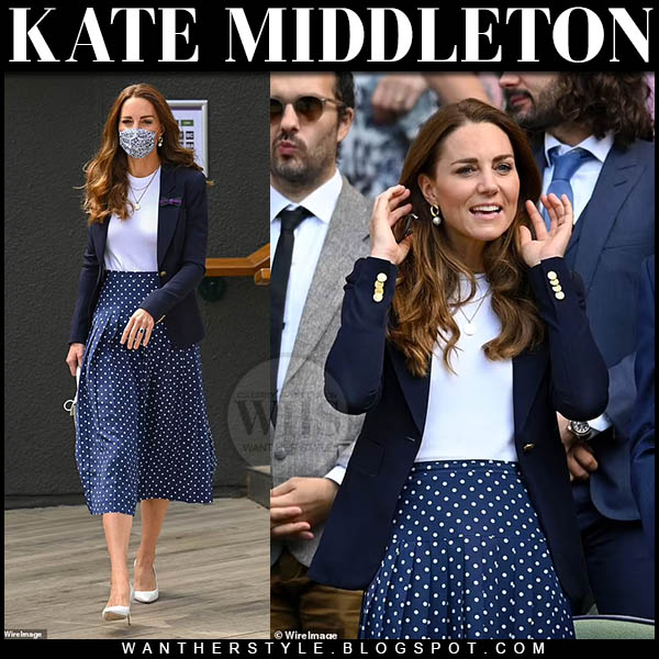 Kate Middleton in blue blazer and blue polka dot midi skirt